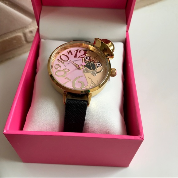 Betsey Johnson Pink Pug in a Hat Black Strap Watch - Picture 4 of 8